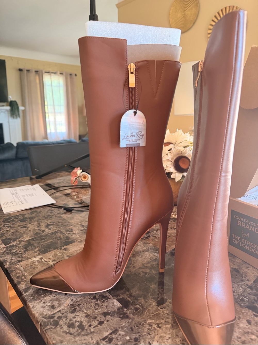 Leather Pointed-Toe Stiletto Boots in Brown -